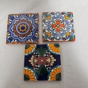 Three Colorful Mexican Ceramic Tile Drink Coasters Handcrafted